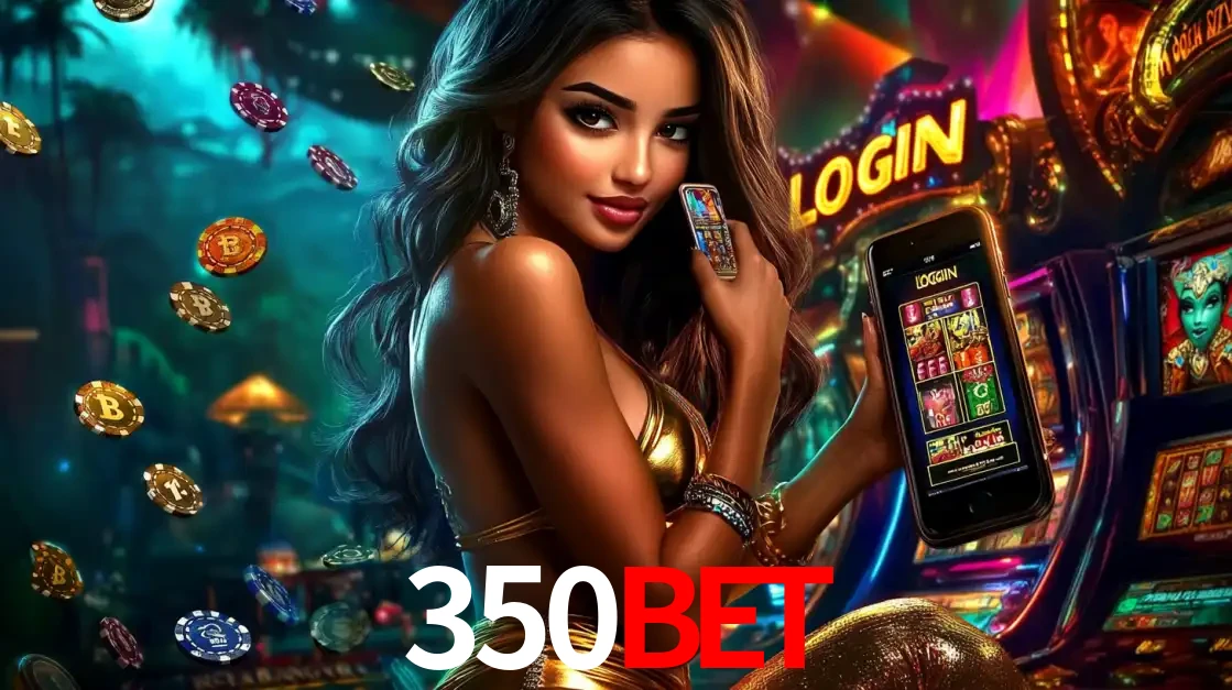Mulher em um cenário de cassino temático de aventura, mostrando o app de caça-níqueis da 350bet no celular. Fichas de apostas flutuam ao redor.