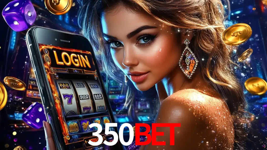 Mulher glamorosa segurando um smartphone com a tela de login para os jogos de caça-níqueis do cassino online 350bet, com moedas de ouro e dados ao redor.